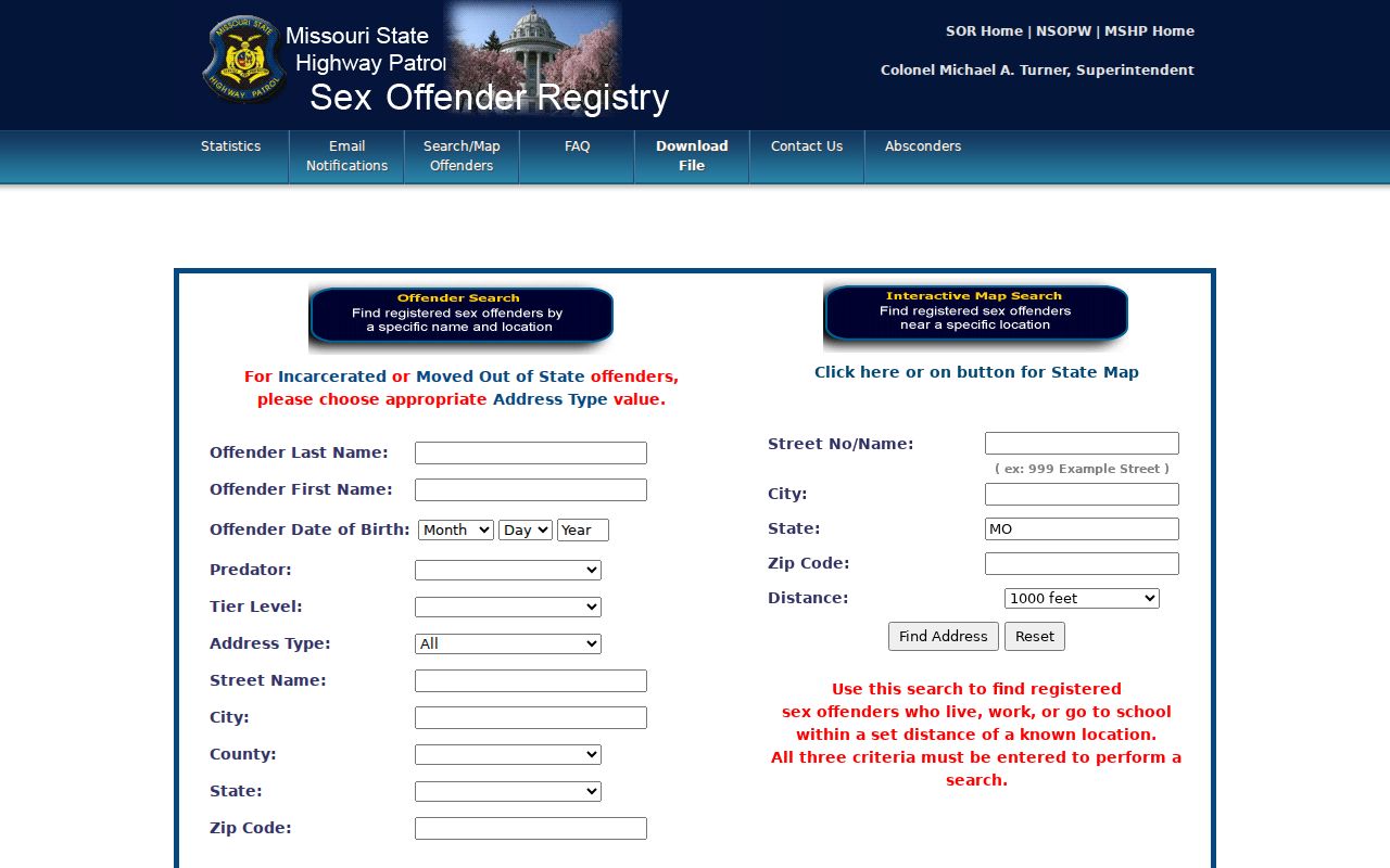 Warren County sex offender registry search form in MoSOR
